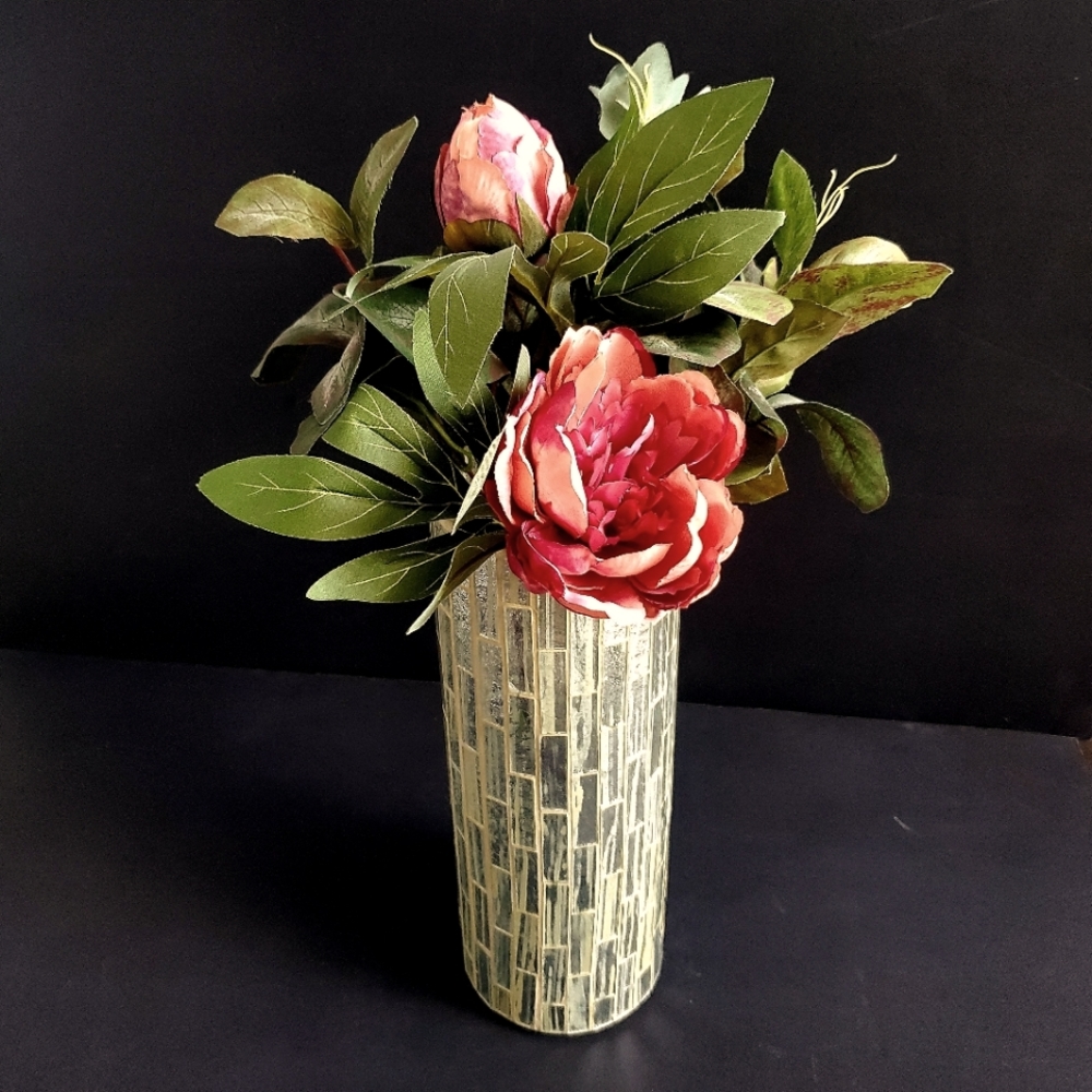 CREAM MOSAIC VASE Cyclinder Shaped w/ Rectangular Crackled Mirror Glass Tiles